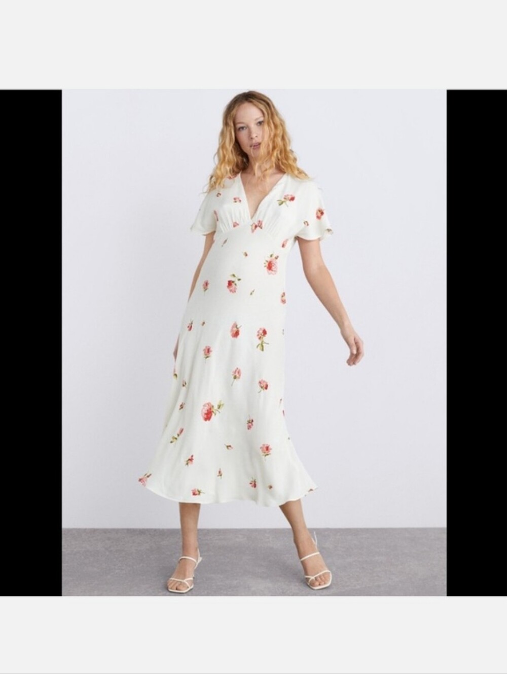 Zara Cream Midi Dress with Pink Floral Print